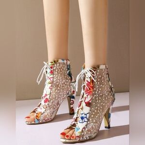 (Like New) Floral Lace-Up Heels
